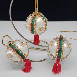 Handmade Beaded Christmas Ornaments Pearls Sequin and Tassels Green Red White